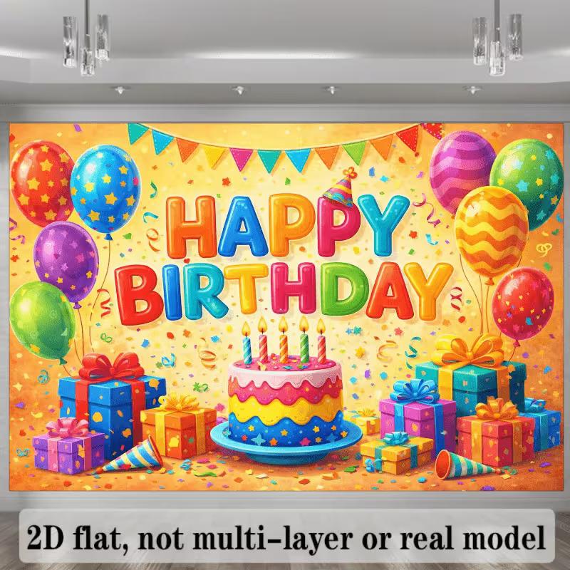 2D Bright Rainbow Confetti Happy Birthday Backdrop Banner for Children Party Supplies