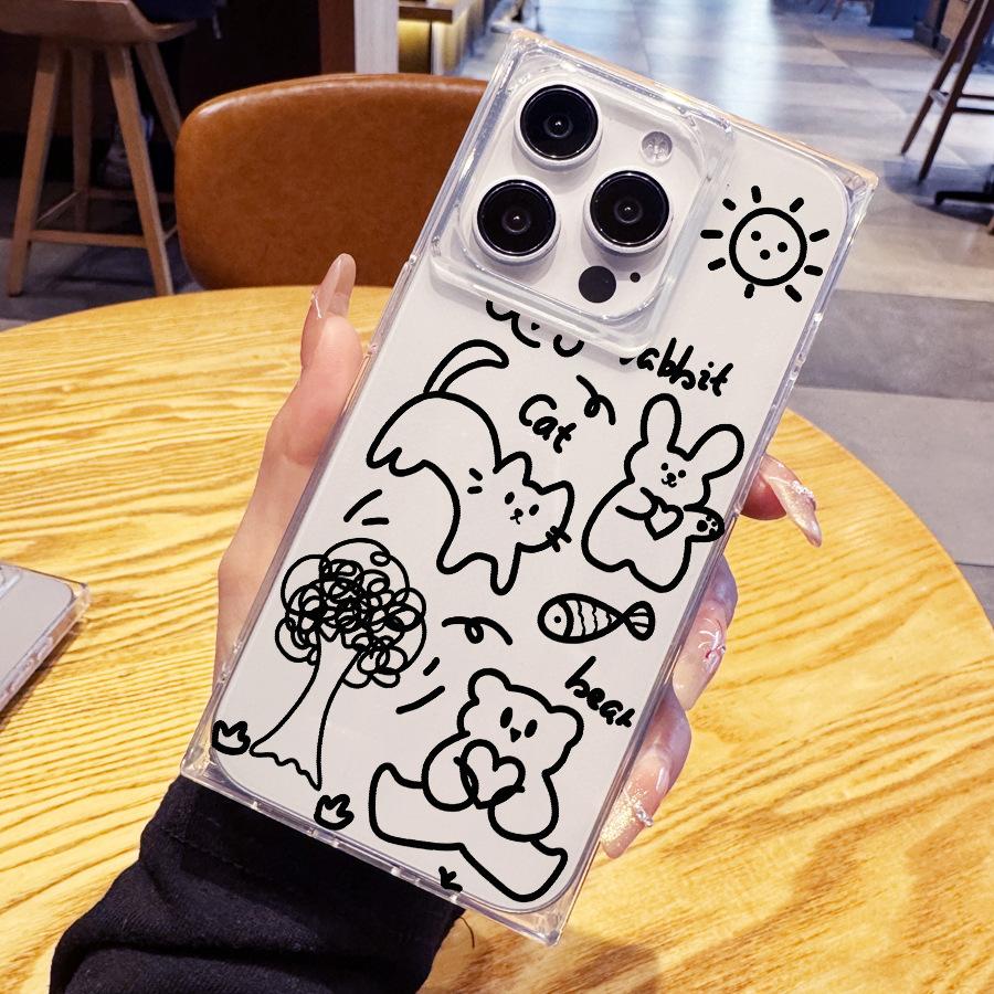 Creative Sweet Cool Line Cartoon Graffiti Right Angle Straight Edge 15 Phone Case for Iphone 16 Promax 15 14 Plus 13 Pro Max 12 11 Plus 12 11 Pro Max