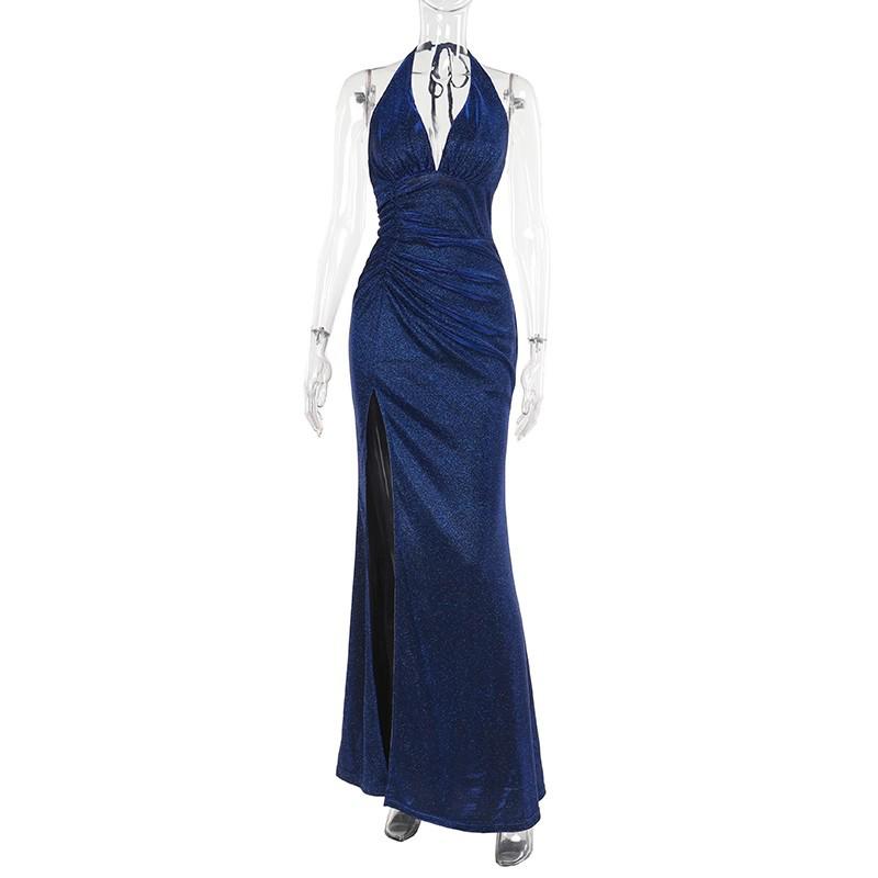 Rochie de Ziua de Naștere Albastru Francez Scânteietoare cu Gât Halter - Elegantă, Sexy și Trendy Rochie 2025