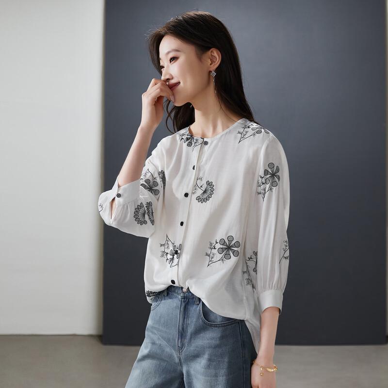 SOFSIL 2026 Spring Embroidered 3/4 Sleeve Shirt S