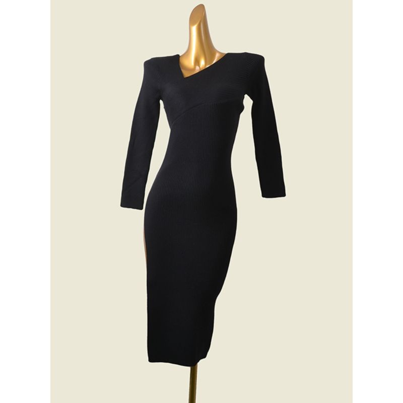 Foreign Trade Women's Clothing Fashion Wind Sexy V-neck Knitting Dress Silm Slim Looking Mid Length Long Length Sheath High Slit Base