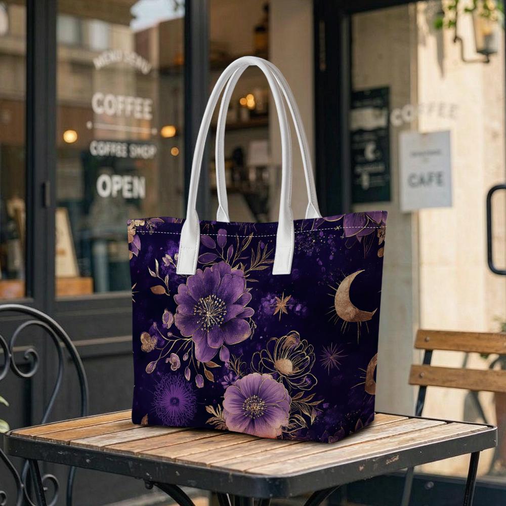 Purple Floral Moon Pattern Tote Bag Stylish Daily Casual Shoulder Handbag
