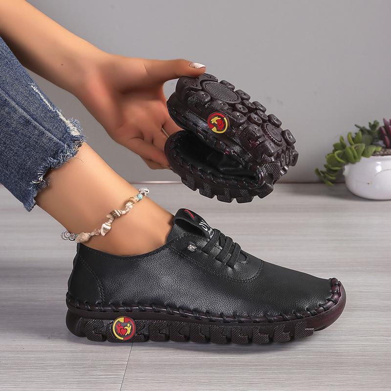 2025 Women's Soft Leather Casual Shoes - Stitching Rubber Sole, Sizes 35-45