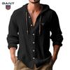 Gant Embroidery Men's Solid Color Casual Long Sleeved Shirt Hooded Drawstring Cotton and Linen Cardigan Trendy Versatile Loose Beach T-shirt