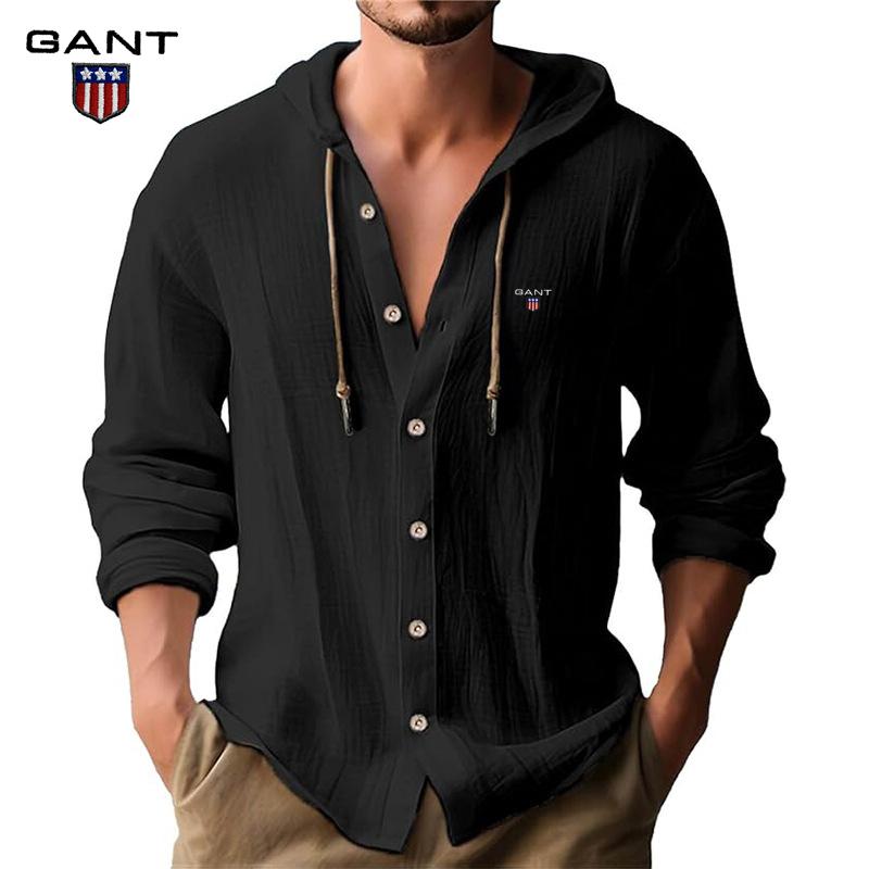 Gant Embroidery Men's Solid Color Casual Long Sleeved Shirt Hooded Drawstring Cotton and Linen Cardigan Trendy Versatile Loose Beach T-shirt