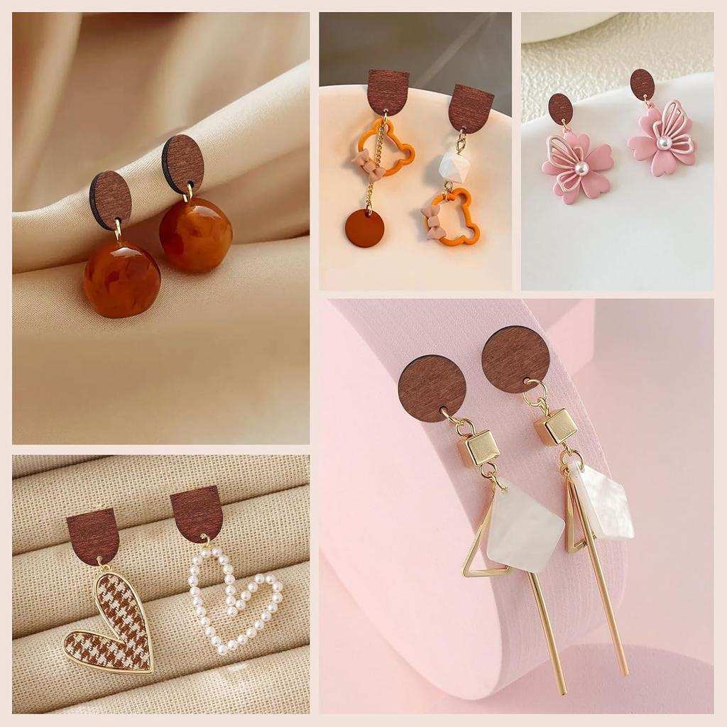 Oubaka 60pcs Wooden Earring Studs for Jewelry Making,Wooden Stud Earrings Wood Earring Posts Earring Pin Stud Bulk with 100pcs Earring Backs for DIY