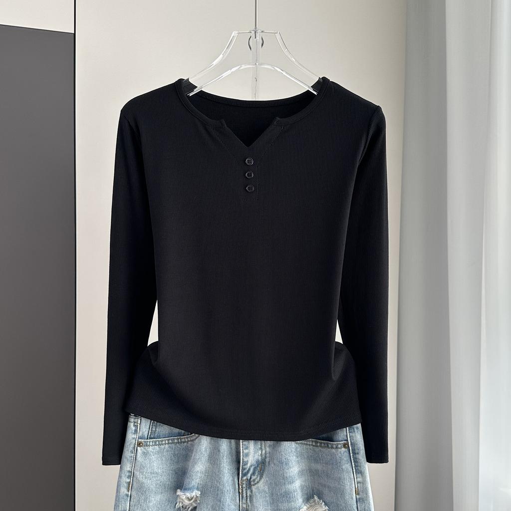 Stylish Long Sleeve T-Shirt Ribbed Slim Standard Shoulder Top For Autumn Stretchy Slim Base Layer Soft Ribbed Fabric Good For Inner And Outer Wear Top