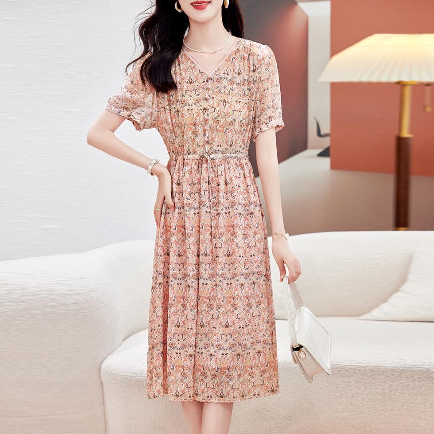 

Платье из печатного шелка женское средней длины летнее новое с поясом элегантное и стройнящее юбка из шелка тутового дерева 3XL