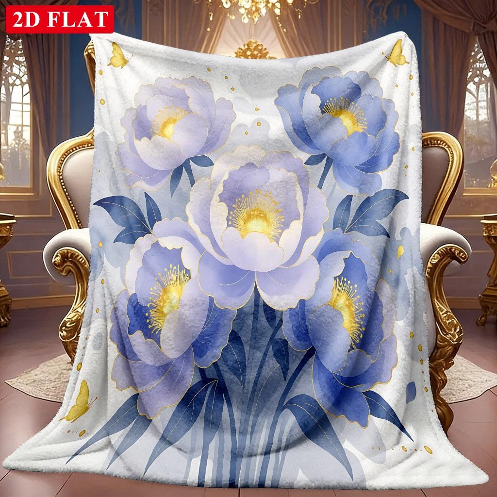 1pc 2D Blue Purple Floral And Yellow Butterfly Theme Pattern Flannel Blanket, Soft HD Digital Print, Cooling Blanket All-Season Use! Soft And Breathab
