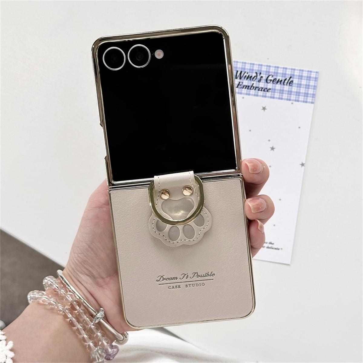 

Cartoon Cat Claw Ring PU Leather Phone Case for Samsung Galaxy Z Flip7 FE Flip 6 5 4 7 Flip7 Electroplated Protective Cover Galaxy Z Flip7