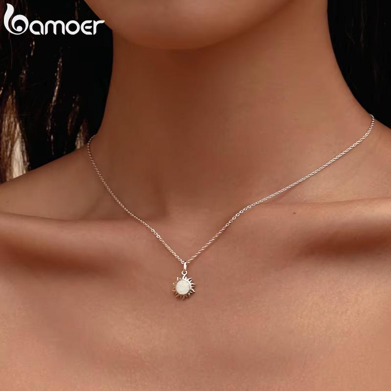 Bamoer 925 Silver White Opal Sun Pendant Necklace Apollo Chain Necklaces for Women Birthday Gift Jewelry