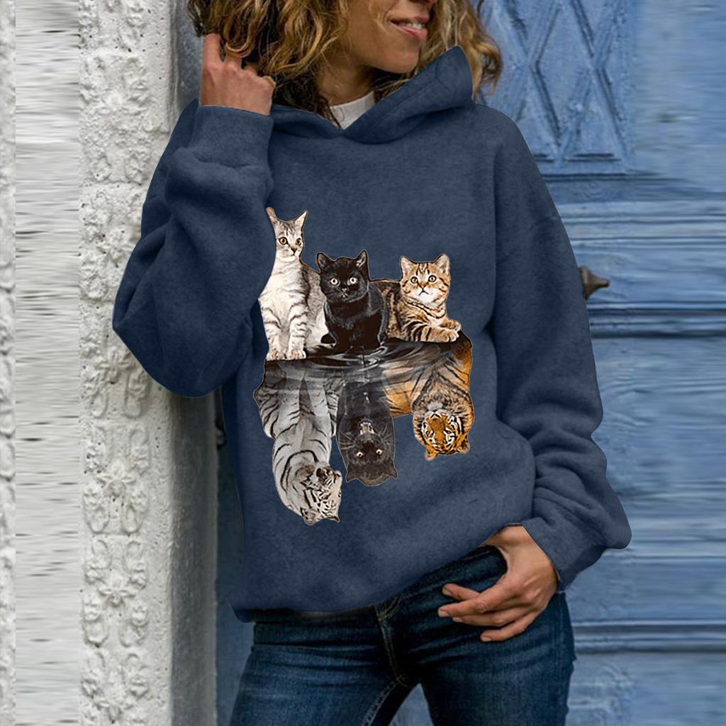 Women Hood  Cat Printing Long Sleeves Pullover Blouses Sweatshirt Tops