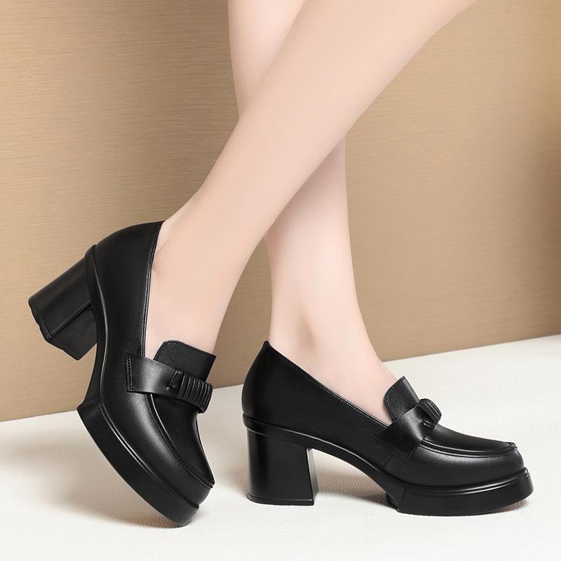 Fashion High Heels Spring New Thick Heels Mother's Shoes Deep Mouth Single Shoes For Women Thick Sole Hosting Etiquette Leather Shoes