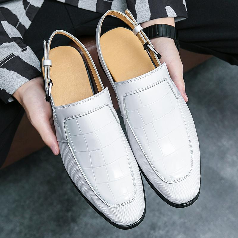 

Модные кожаные мужские сандалии с шахматной текстурой и перфорацией, формальная обувь, повседневный стиль, сандалии с металлической пуговицей, офисная мужская обувь, кожаная обувь 13 бежевый