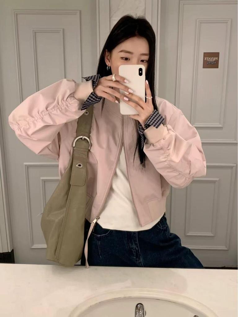 Korean-Style Pink Spliced Women's Baseball Jacket - Trendy Spring 2025 Edition