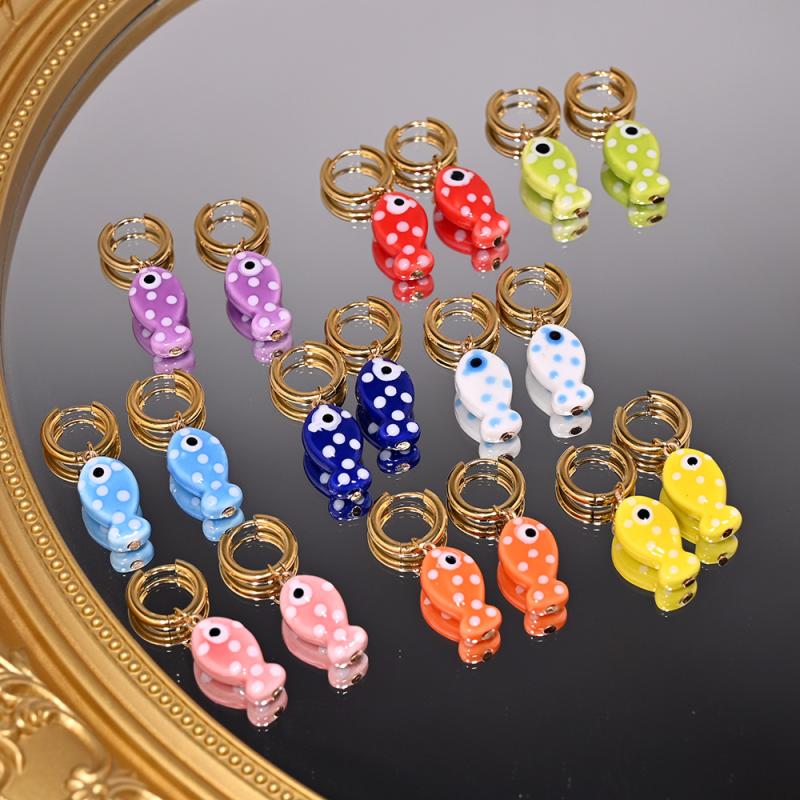 1Pair Cartoon Cute Ceramic Fish Pendant Hoop Earrings For Women Girls  Versatile Ear Buckle Jewelry Accessories Gifts