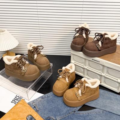Frosted Leather High-top Women's Winter New Velvet Warm Lace-up Snow Cotton Boots