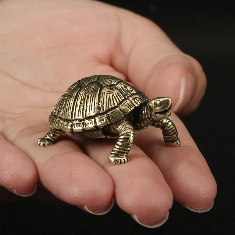 Estatua de tortuga de cobre puro, figuras de tortuga de latón vintage, adornos de Feng Shui de escritorio, miniaturas, artesanías antiguas para mascotas de té, regalos