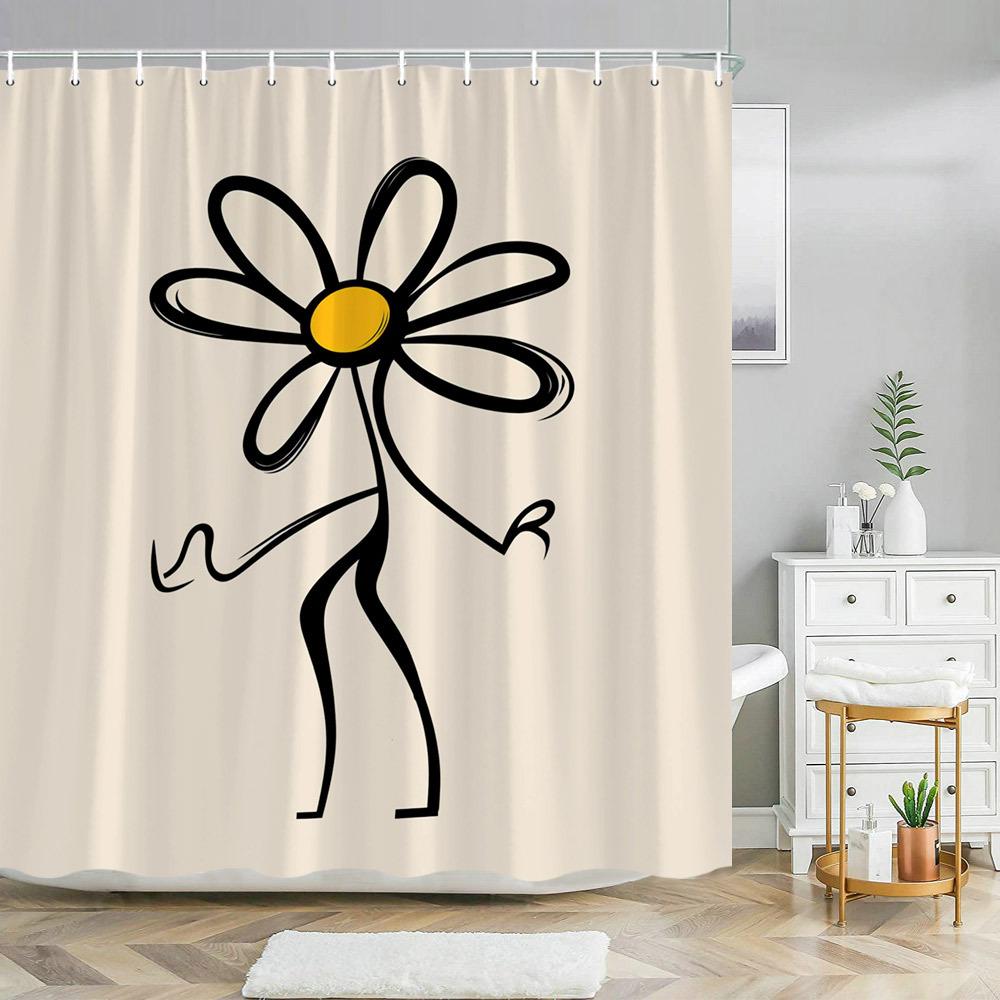 

1Pc Minimalist Daisies Abstract Bath Curtain With Black Figure And Bright Yellow Center, Whimsical Modern Art Design W60H190(CM)-1 Pcs