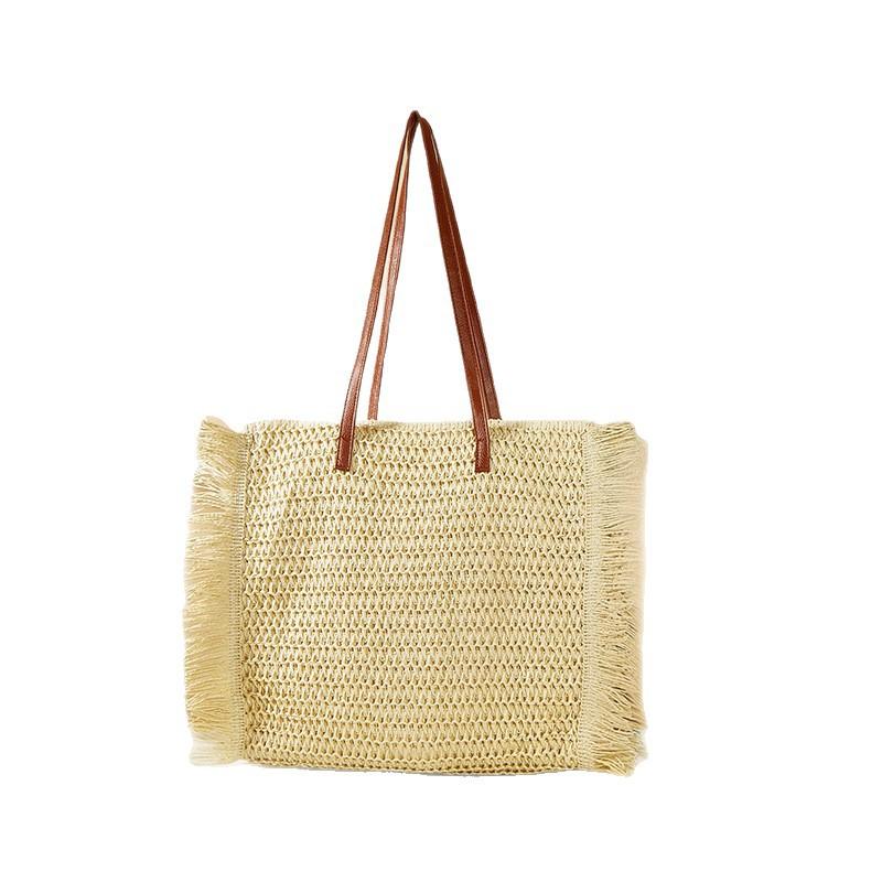 New versatile tassel straw woven bag shoulder woven bag large capacity tote bag vacation style portable beach bag women s bag Edge zipper