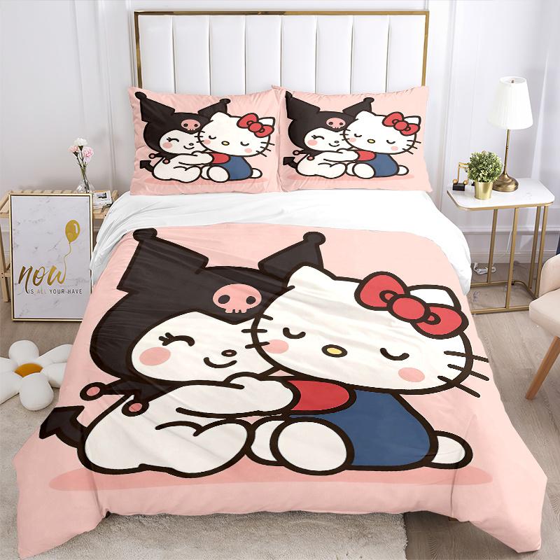 3pcs Spooky Halloween Hug Kuromi & Hello Kitty Quilt Cover Set - Soft and Cozy Bedroom, Guest Room and Dorm Decorative Bedding 3-Piece Set 1 Quil