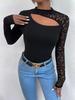 Streetwear Lace Spliced Long Sleeve T Shirt For Women With High Neck And Soft Acrylic Fabric