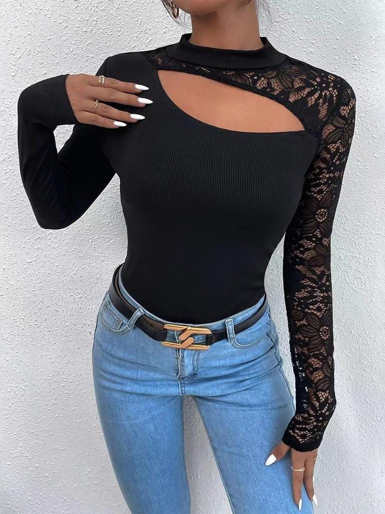 Streetwear Lace Spliced Long Sleeve T Shirt For Women With High Neck And Soft Acrylic Fabric