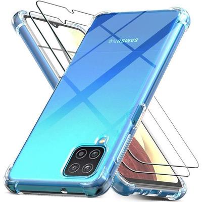 Case for Samsung Galaxy A12 + 2 Pieces Tempered Glass Screen Protector Cover Transparent Silicone Shockproof Bumper
