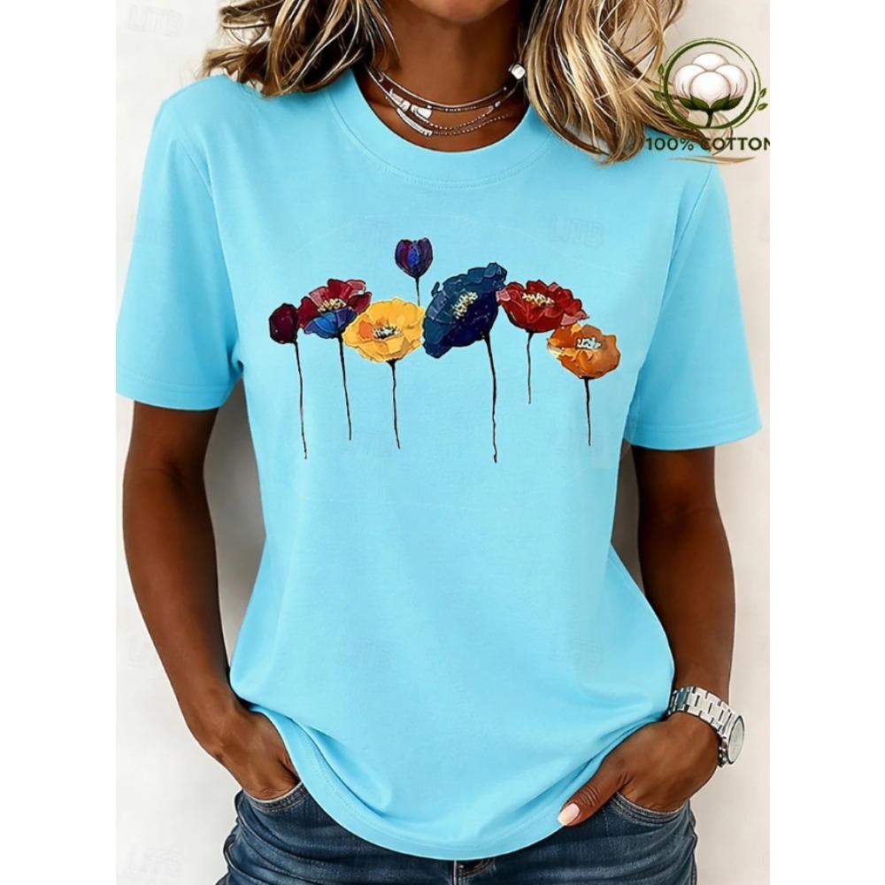 Fashion Women Retro Creative Drip Ink Colored Flower Print T Shirt Funny Casual O-neck Short Sleeves T-shirt Summer Female Tee Shirt