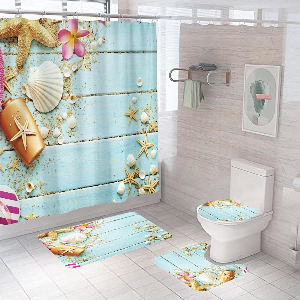 Bathroom Shower Curtain Four-piece Digital Printing Beach Shell Waterproof Shower Curtain Shower Curtain Partition Curtain Bath Mat