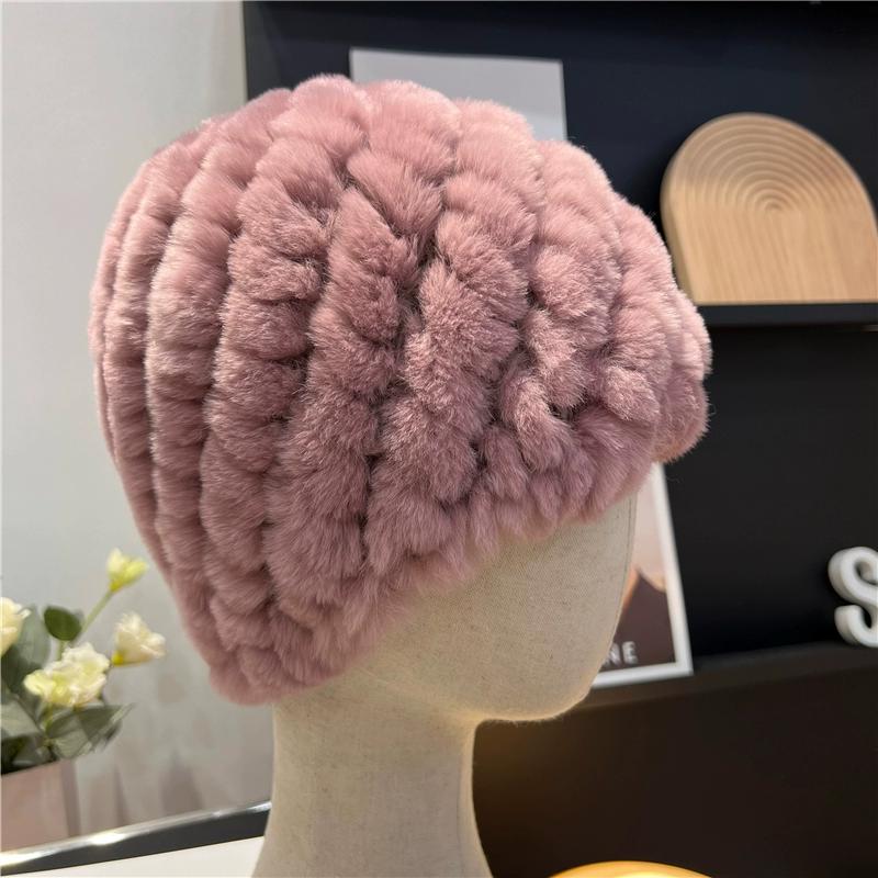 Căciulă din Blană de Iepure Rex Reală, Tricotată din Lână Caldă și Rezistentă la Frig, Versatilă pentru Toamnă și Iarnă pentru Femei