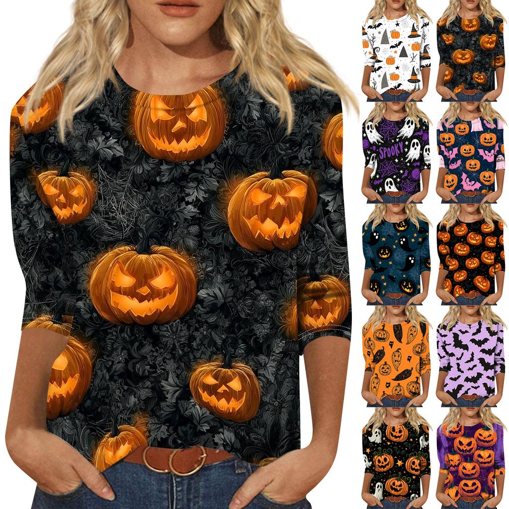 Women's Casual 3/4 Sleeve Halloween Print Pullover Top Crew Neck Lightweight Fall Shirt