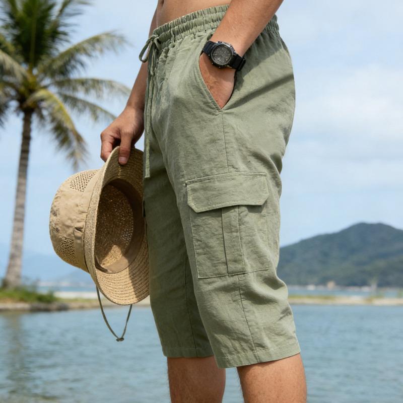Pantaloni Cargo Capri da Uomo in Misto Lino Bianco con Elastico in Vita