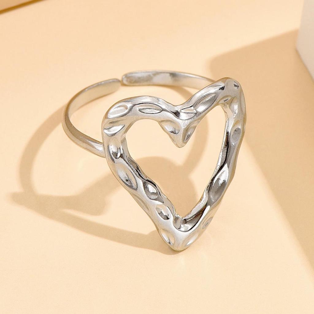 Adjustable Heart-Shaped Stainless Steel Ring with Retro Baroque Design and Irregular Texture