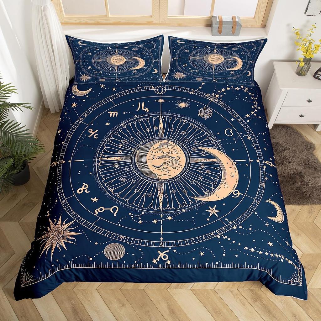 Comforter Gemini Kingboho Starry Constellations Astrology Zodiac Comforter Mandala Flower Neon Blue Glitter Bedding Set