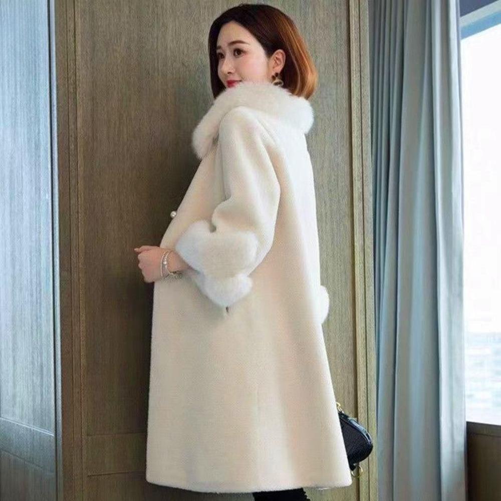 Autumn and Winter New Elegant Loose Coat Fox Fur Fur Collar Thickened Fur Particles Integrated Coat Women