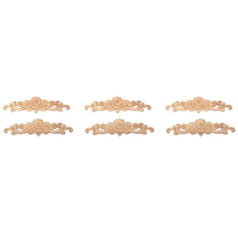 ABWR-6Stk 20 X 5cm Holzschnitzerei Langes Aufsatz-Applikation Unbemalt Rose Blume Tür Heimdekoration Europäischer Stil