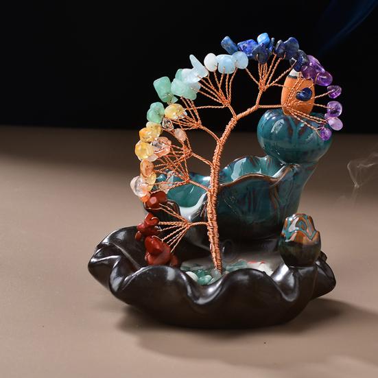MrMrKura Bruciatore Incenso 5 In 1 – Albero Dei 7 Chakra In Cristallo – Ottone – Per Yoga E Meditazione (Rotondo 14x14x12 Cm)