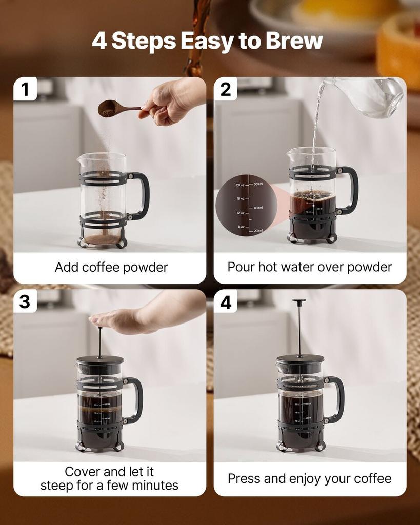 French Press Coffee Maker, 1 Liter Borosilicate Glass Coffee Press Tea Maker with Stainless Steel Filter, Large Glass French Presses Cold Brew for