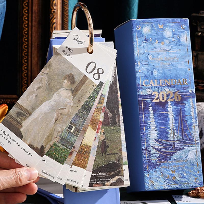 2026 Tischkalender Vintage Ölgemälde Inspirierende Zitate Einseitiger Umblätterkalender Tagesplaner
