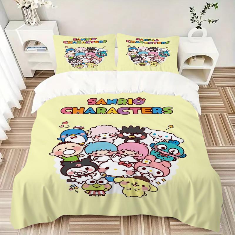 3pcs Sanrio Characters Gathering Pattern Bedding Set, 1* Cover + 2*Pillowcases, Printed Bedding Set, Soft and Comfortable.S085