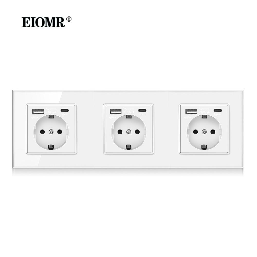 EIOMR EU Standard 16A Tempered Crystal Glass Panel Wall Socket Power Outlet Electrical Plug with Usb 5V 2100mA Ac110-250V White