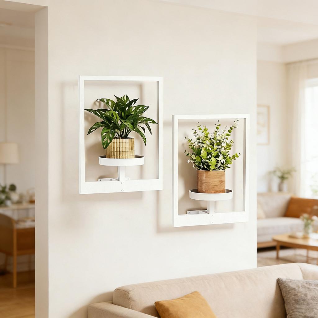 Contemporary Wall Flower Shelf White Metal Plant Display For Inside Outside Area deck 1 Piece