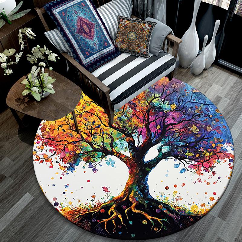 Colorful Tree Round Area Rug,Carpet Rug for Living Room Bedroom Sofa Playroom Decor,Non-slip Floor Mat