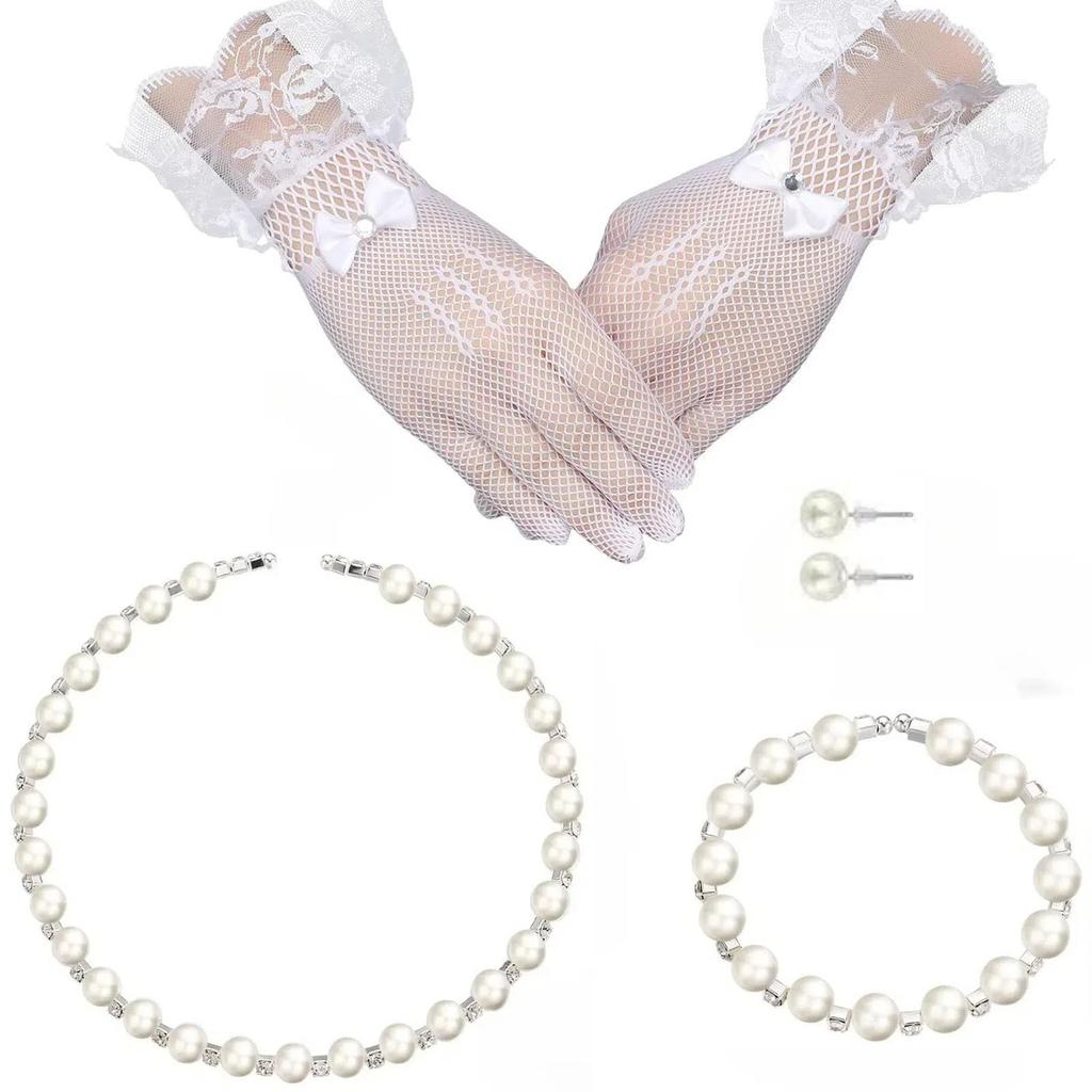 Four - Piece Children's Pearl Necklace Set with Lace Gloves and Crystal Pendant for Banquet