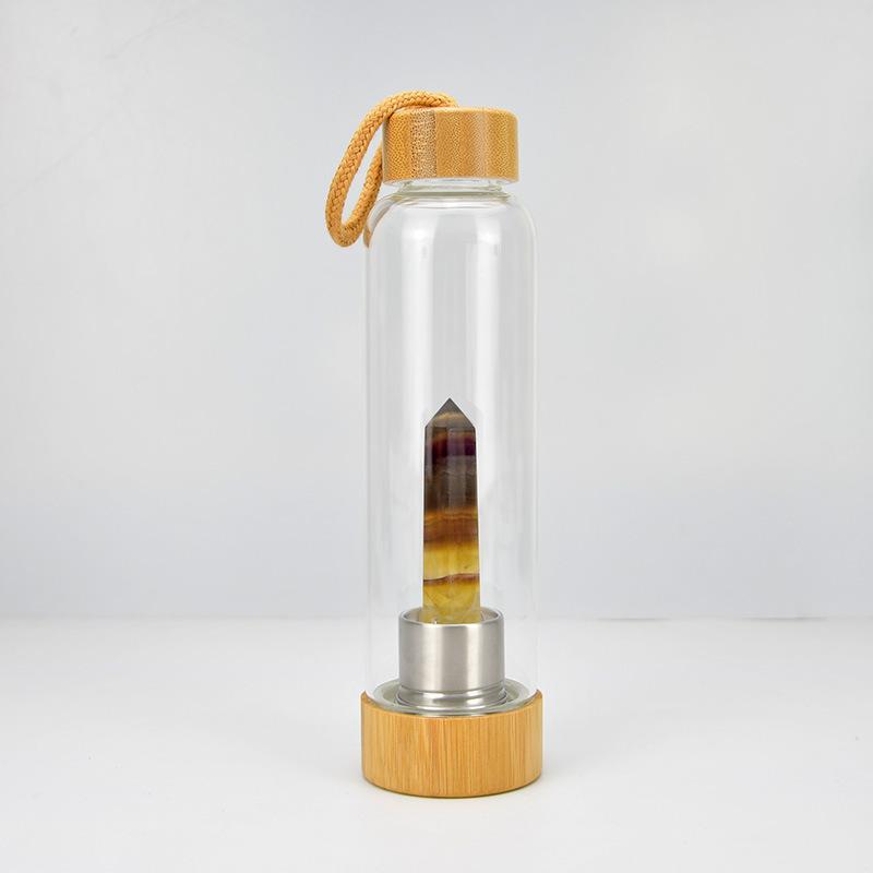 Crystal Stone Energy Pillar Glass Water Cup Bamboo Cap Natural Crystal Set Glass Cup