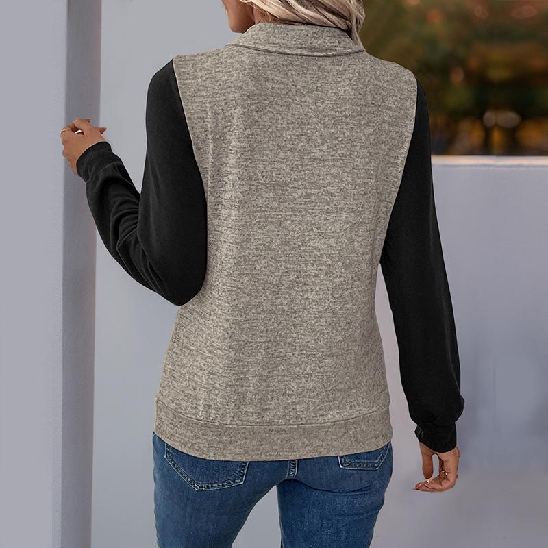 Women's Autumn 2026 Color Block Stand Collar Hoodie - European & American Trend