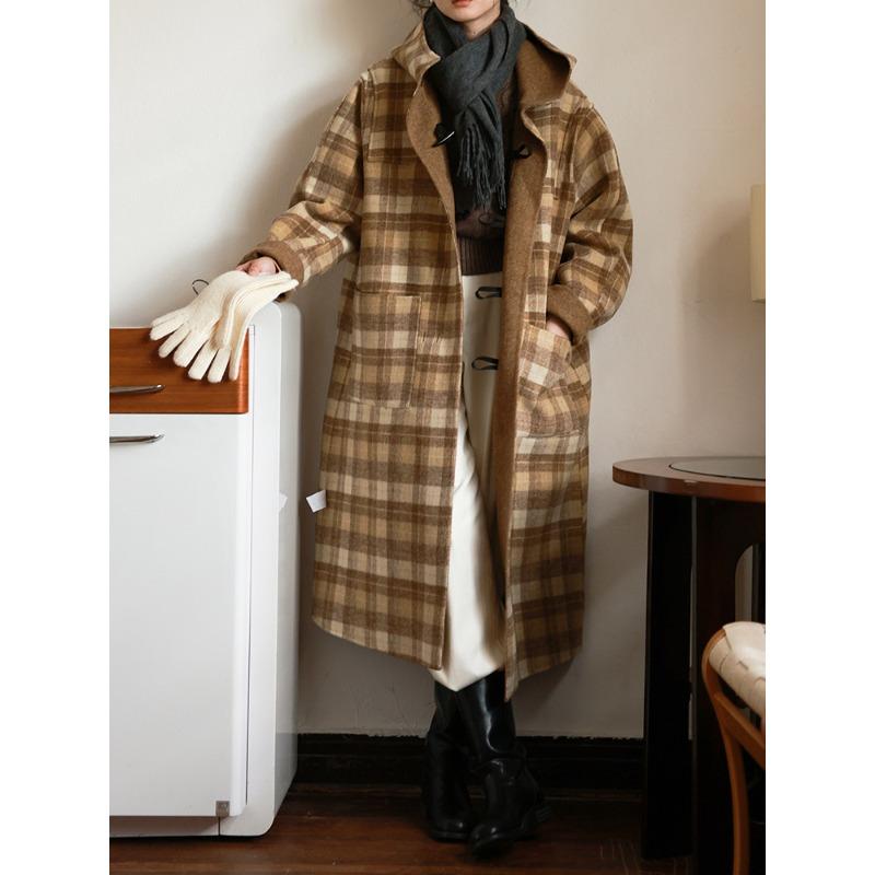 

Двустороннее шерстяное пальто для женщин, шерстяное пальто средней длины с капюшоном в клетку из корейской шерсти S