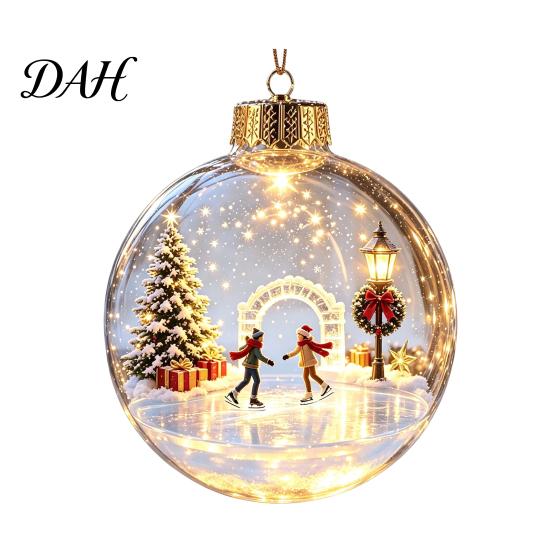 Transparent Hanging Xmas Decor Glowing Christmas Story Ornament, Light-Up Ball with Warm LED Light, Mini Holiday Display for Windowsills Scene