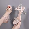 One-word Buckle with Rhinestone Open-toed Sandals for Women's Summer New Fashion Soft Leather French Stilettos for Women